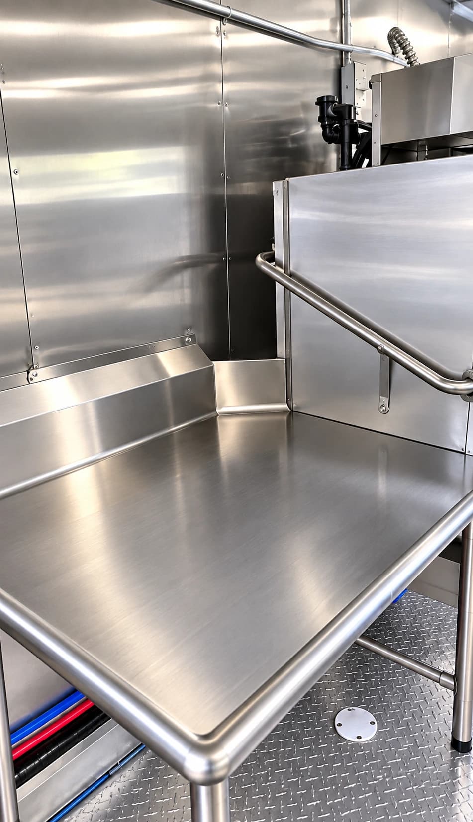 Reference commercial dishwashing trailer with stainless-steel work surfaces