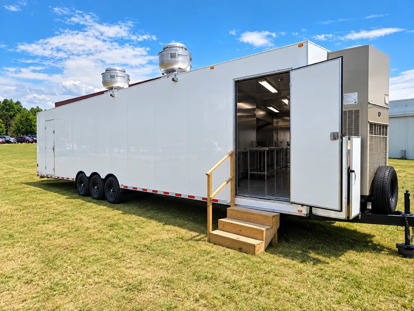 Reference commercial kitchen trailer exterior with an open entrance