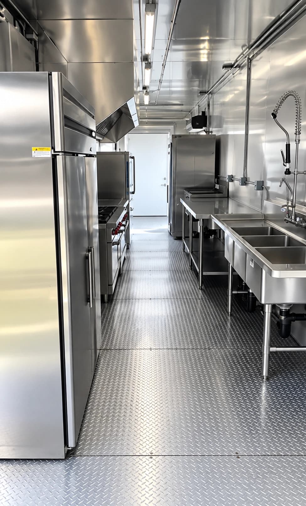 Commercial kitchen trailer refrigeration wash station.