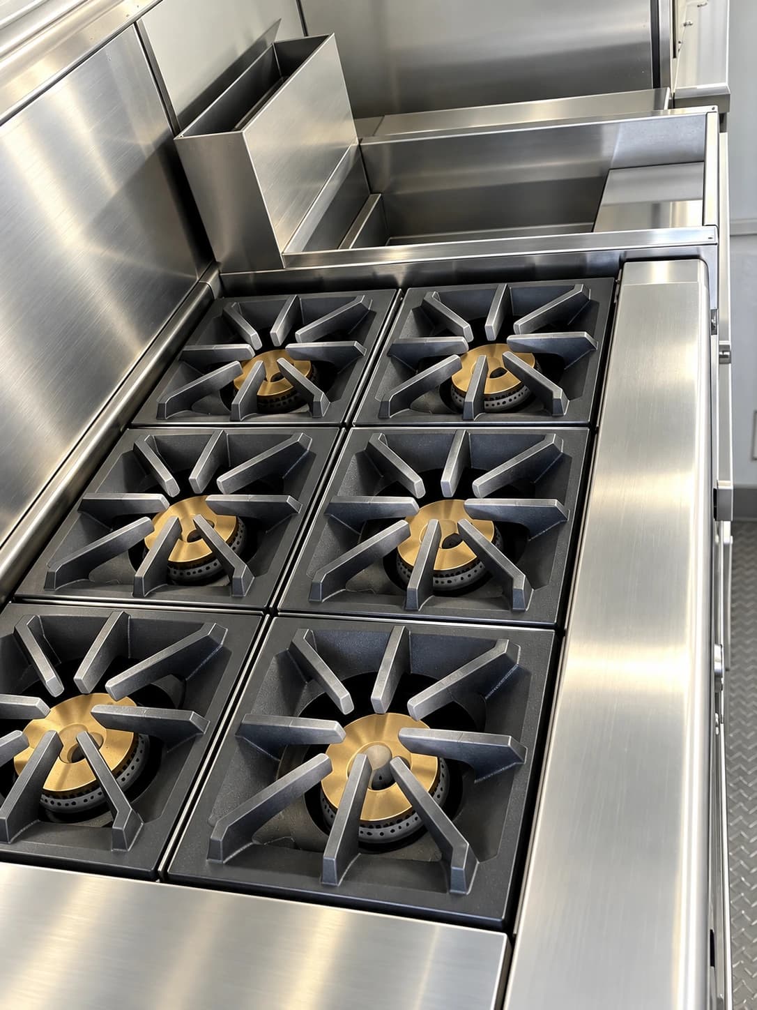 Commercial six burner gas range.