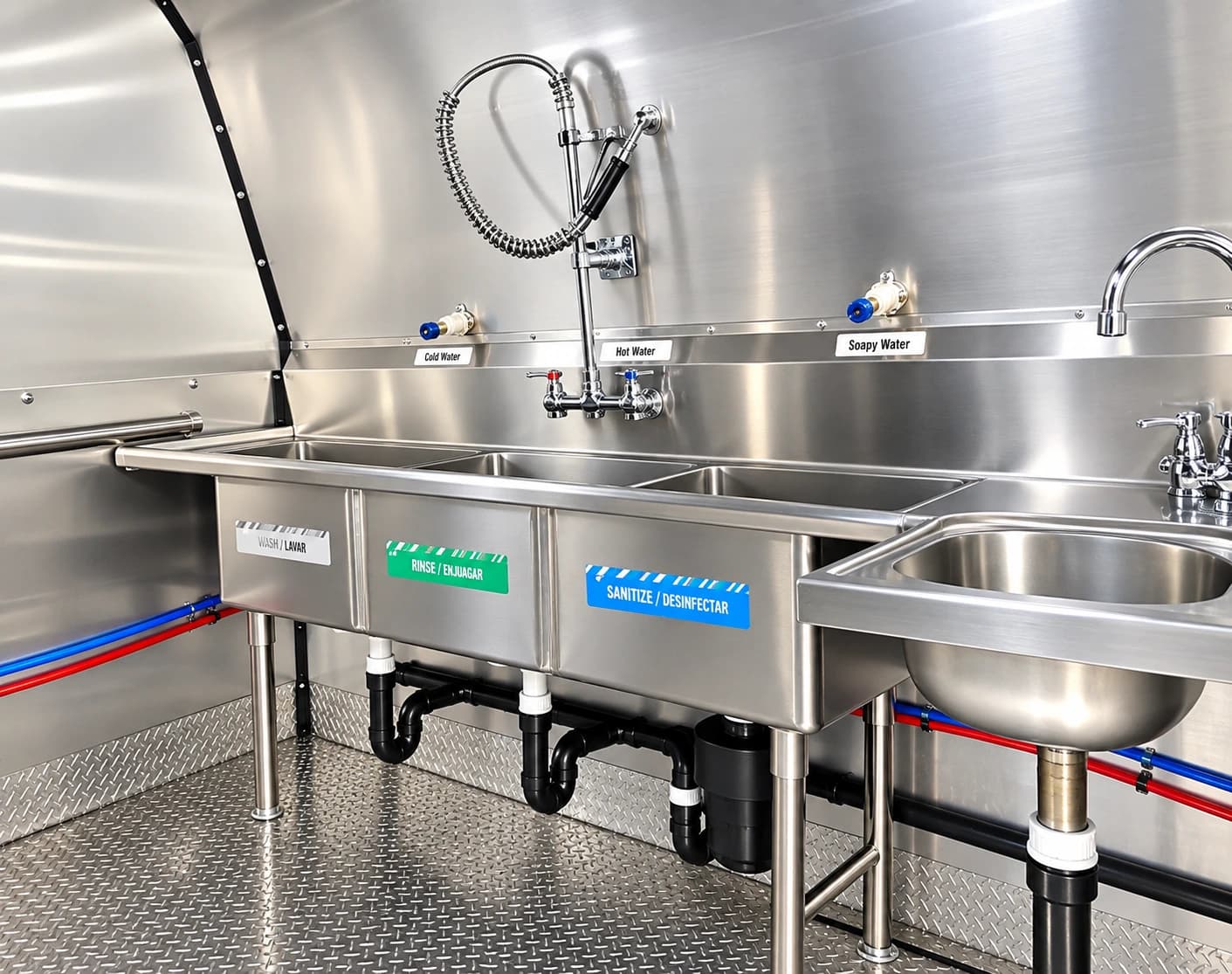 Dishwashing facility reference with a three-compartment sink and separate handwashing sink