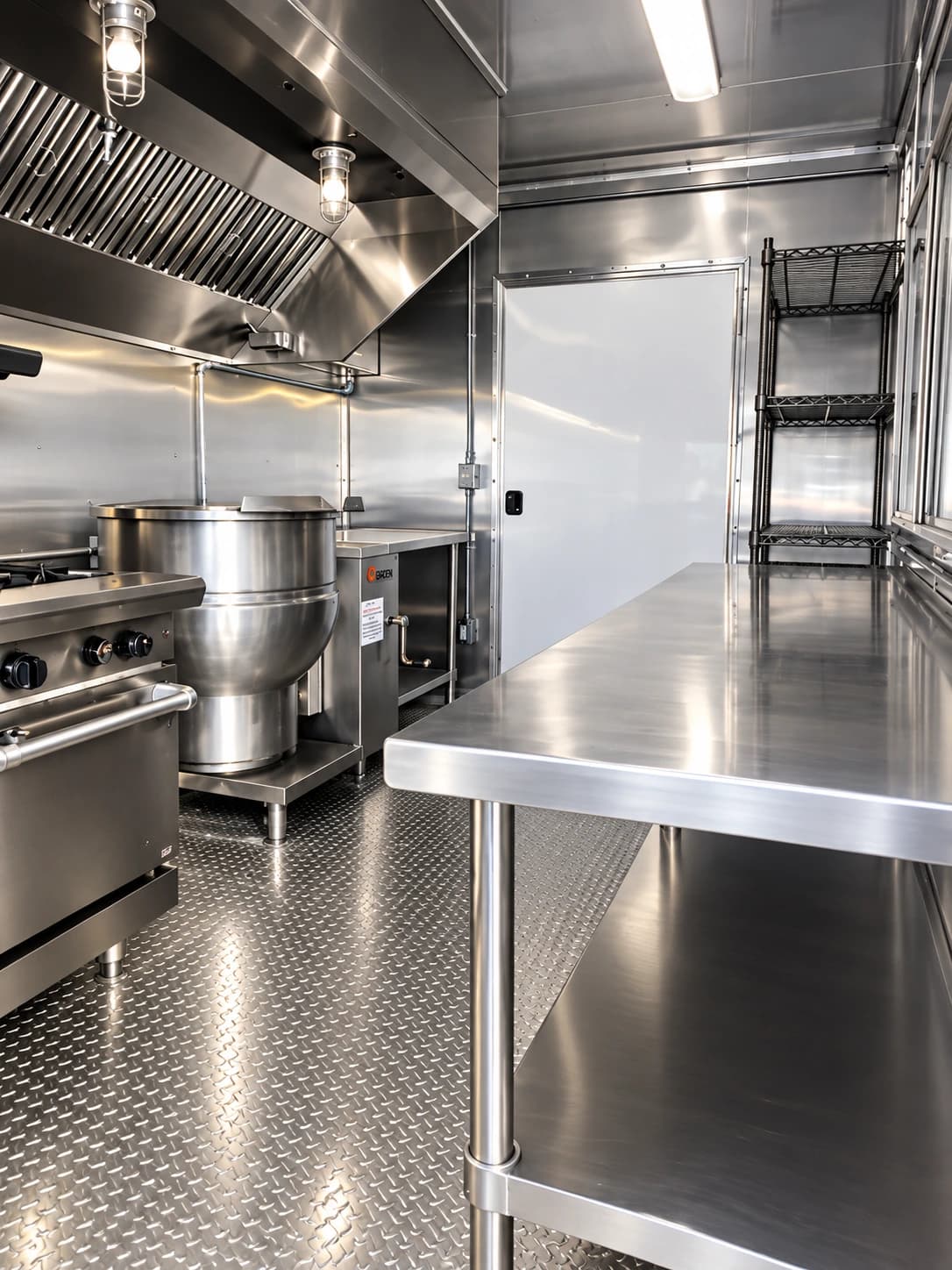 Mobile commercial kitchen steam kettle stainless prep table.