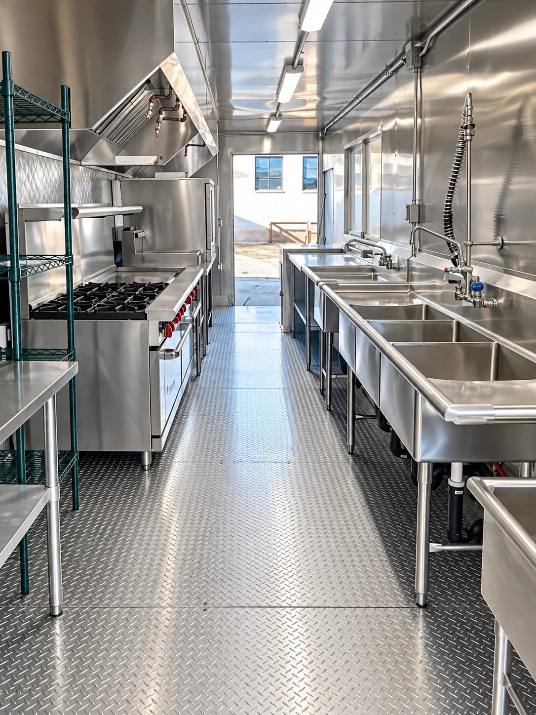Portable commercial kitchen interior layout.