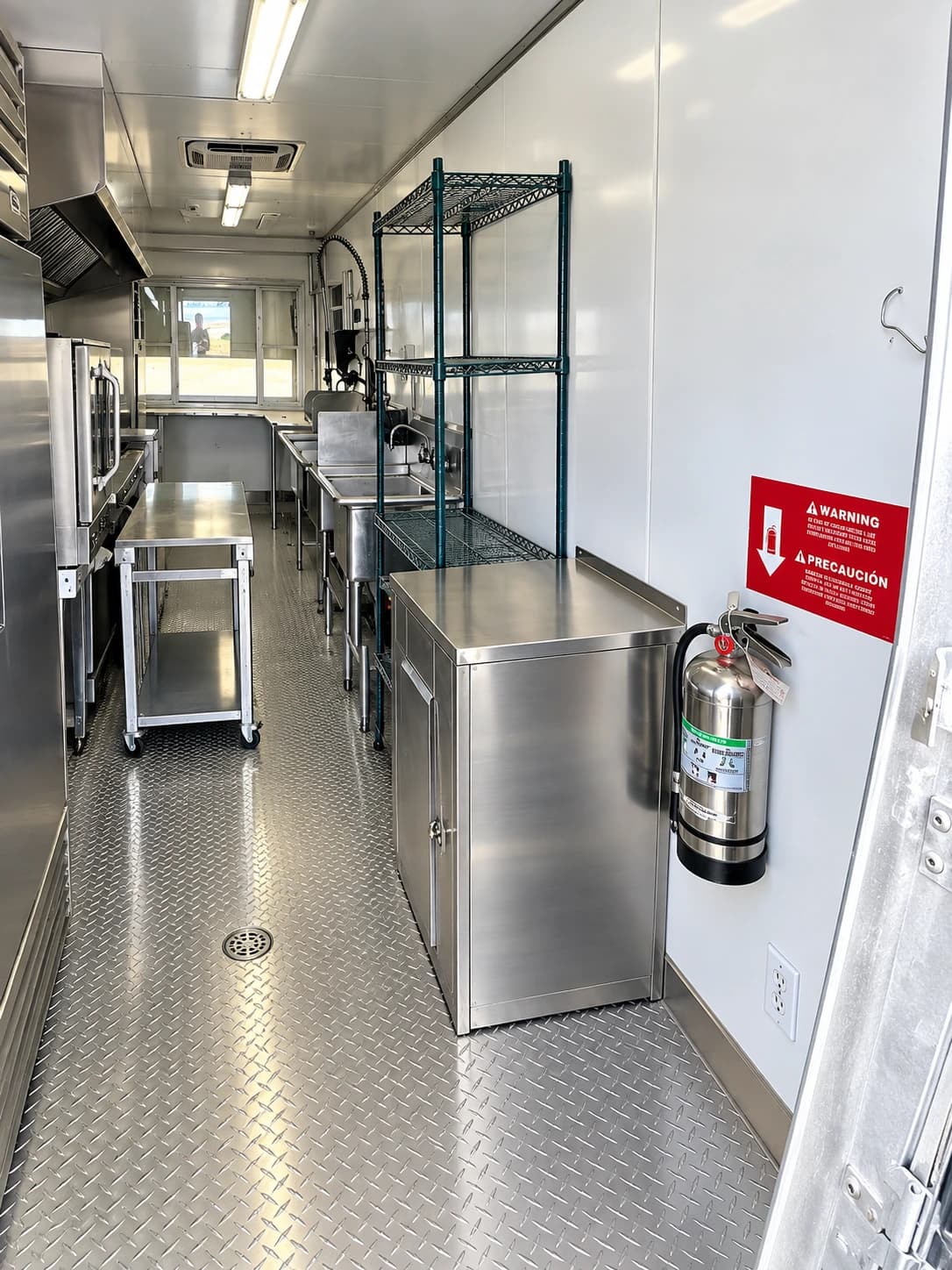 Portable commercial kitchen trailer interior.