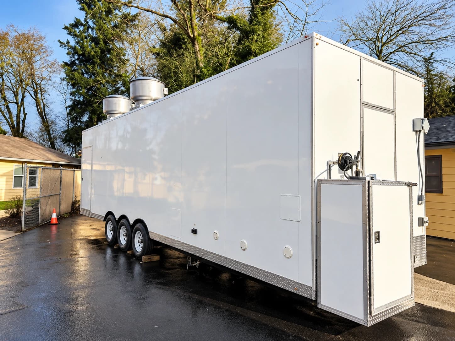 Temporary commercial kitchen trailer exterior.