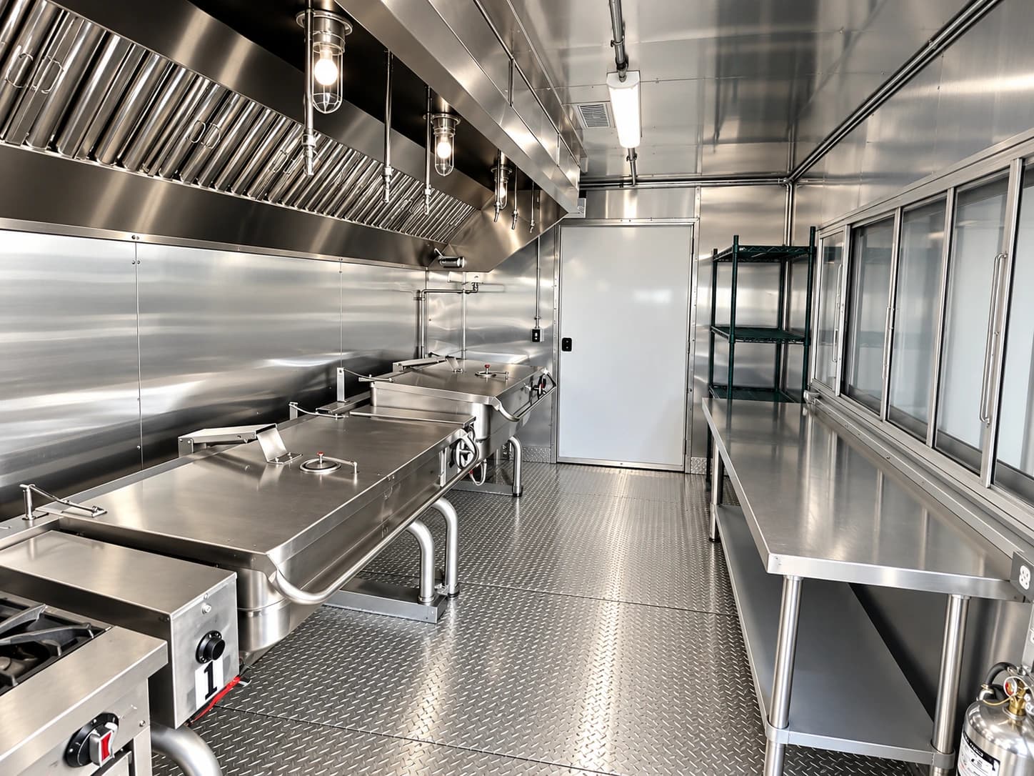 Temporary commercial kitchen trailer tilting skillets prep area.